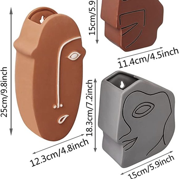 Set of 3 Boho Wall Mounted Abstract Face Planters - Picture 3 of 6